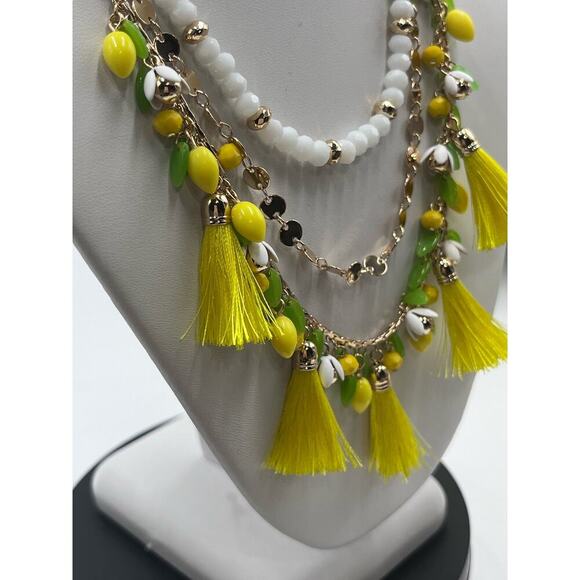 Lilly Pulitzer Triple Strand Lemon Grove Yellow Tassel Green Leaves Necklace New - Picture 8 of 16